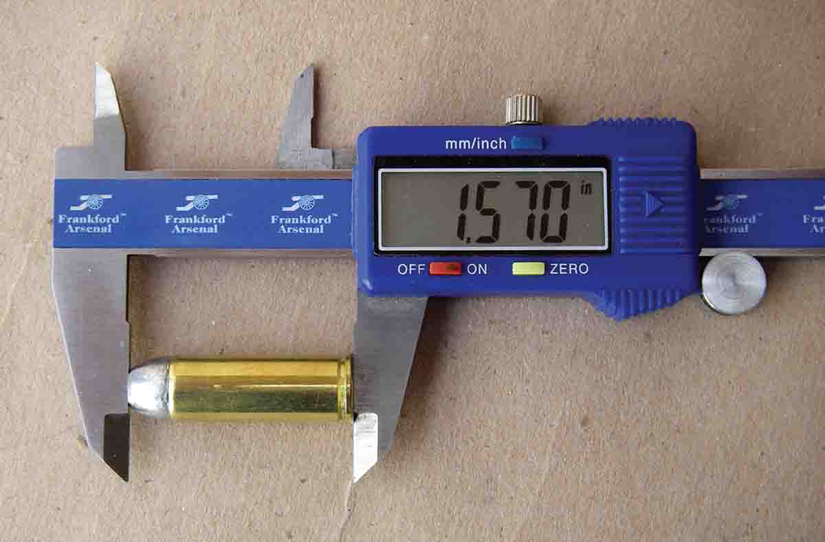 The Oregon Trail 250-grain RNFP bullet should be seated with an overall cartridge length of 1.570 to 1.580 inches,  depending on case length.